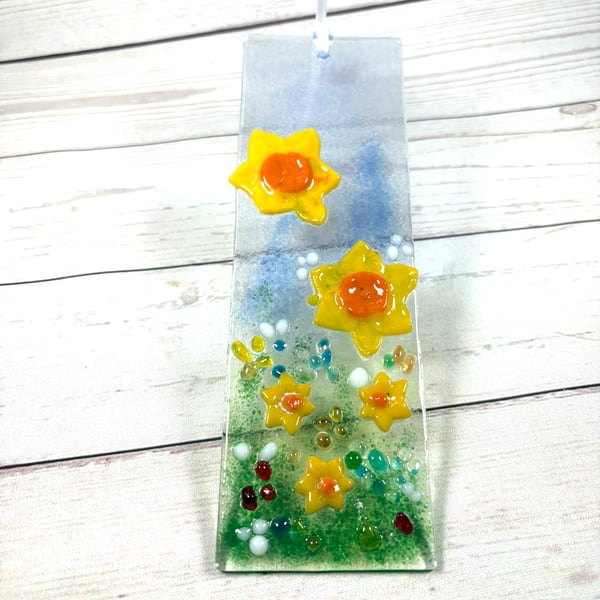 Wall hanging fused glass daffodil panel