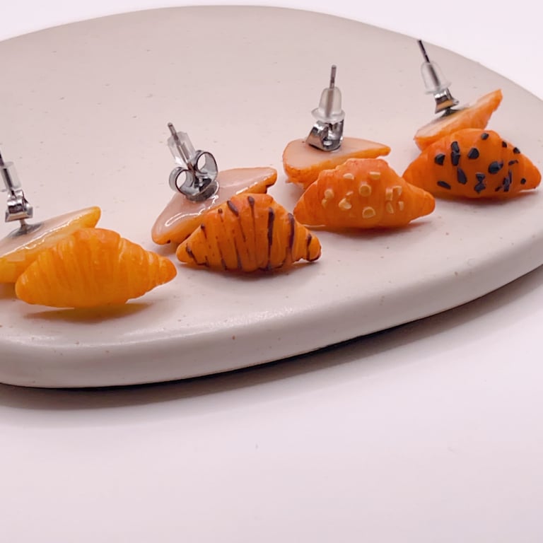 Polymer Clay Croissant Stud, Miniature Food Earrings 