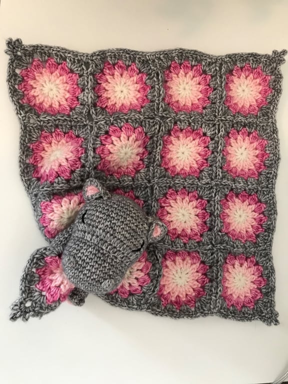 Crochet Hazel the Hippo Baby Comforter - Handmade Baby Snuggle Lovey.