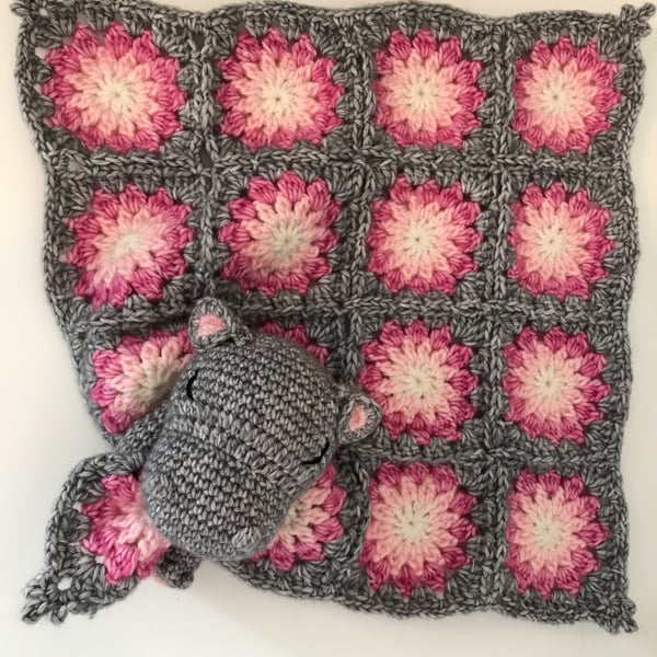 Crochet Hazel the Hippo Baby Comforter - Handmade Baby Snuggle Lovey.
