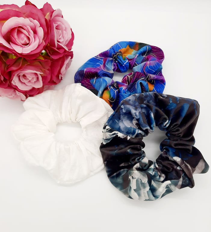 Set of 3 large scrunchies,  white satin,  navy velour and blue petal.  