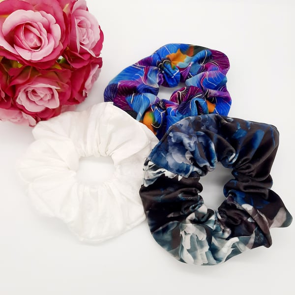 Set of 3 large scrunchies,  white satin,  navy velour and blue petal.  