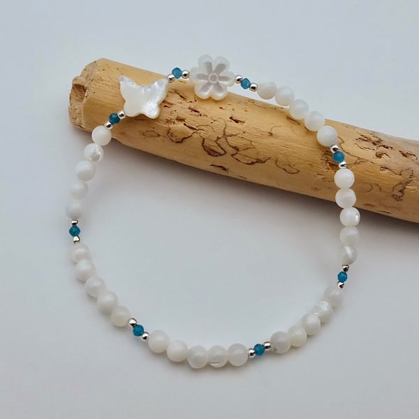 Mother Of Pearl Butterfly & Flower Bracelet, June Birthstone, Bridesmaid Gift