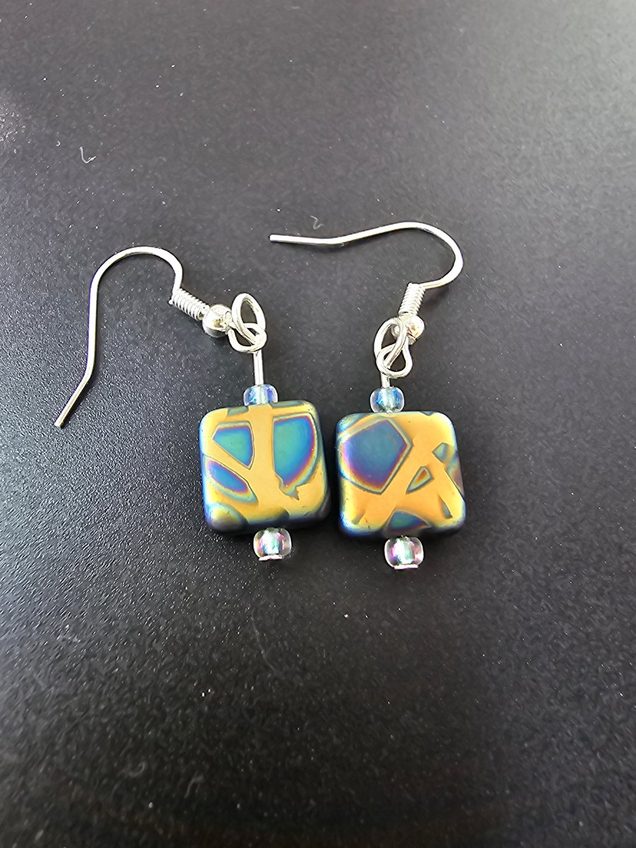 Peacock czech glass cubed earrings - Orange