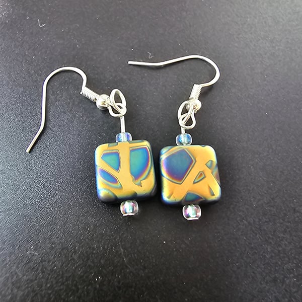 Peacock czech glass cubed earrings - Orange