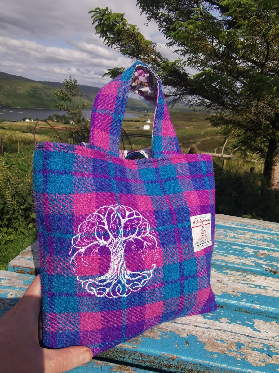 Harris Tweed Handbag with embroidered tree of life 