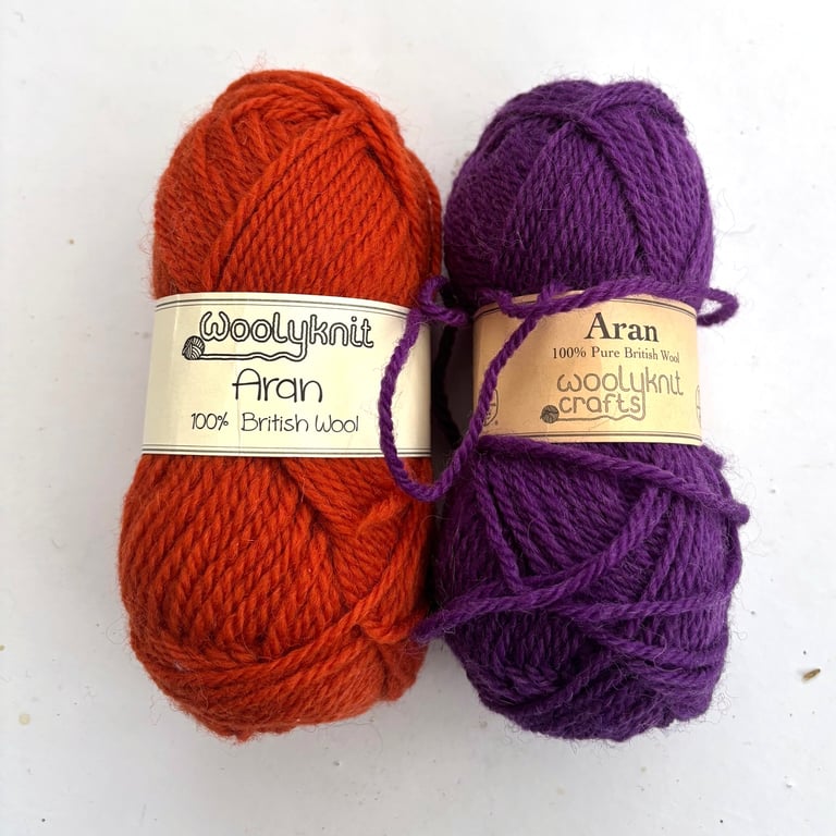 Woolyknit Aran British Wool 2 x 50 gram balls in Purple and Orange