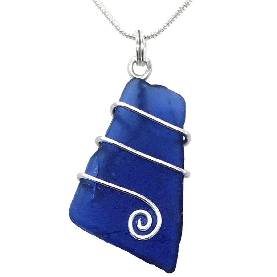 Cobalt Blue Scottish Sea Glass Pendant Necklace Wire Wrapped Seaglass Jewellery