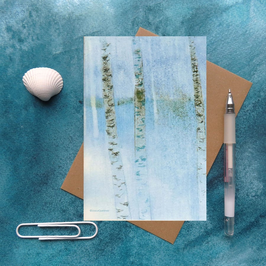 Birches in blue II blank artist card forest monoprint mixed media cello free