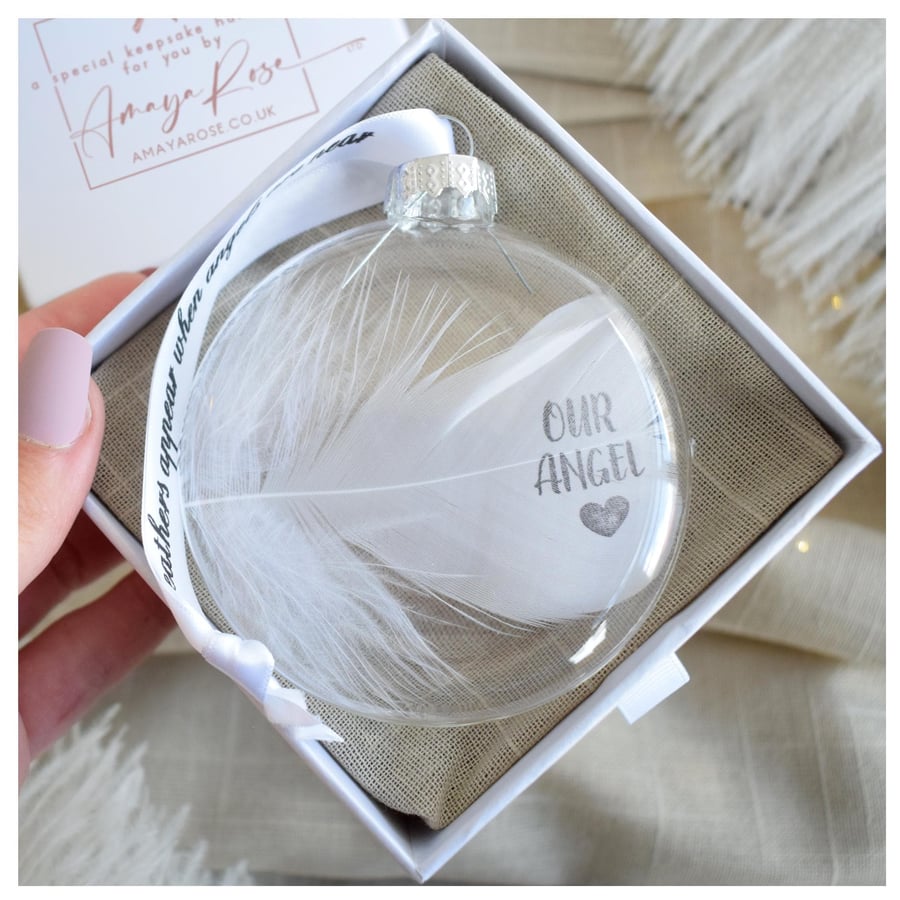 Image of Our Angel Memorial Round Feather Bauble, Round Glass Christmas Ornament, Remembr