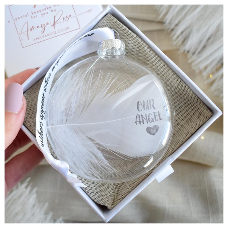 Our Angel Memorial Round Feather Bauble, Round Glass Christmas Ornament, Remembr