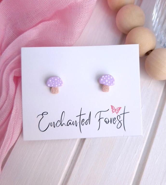 Reduced to Clear, Purple Mushroom Stud Earrings, Cottagecore Jewellery