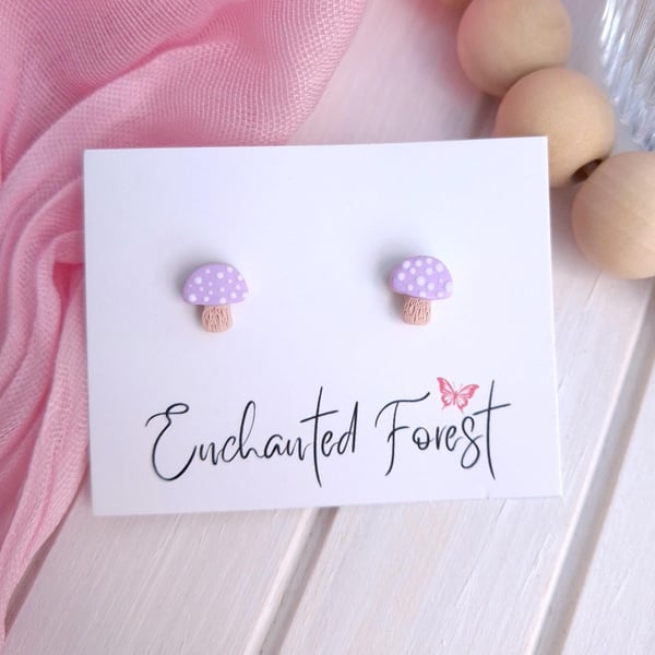 Reduced to Clear, Purple Mushroom Stud Earrings, Cottagecore Jewellery