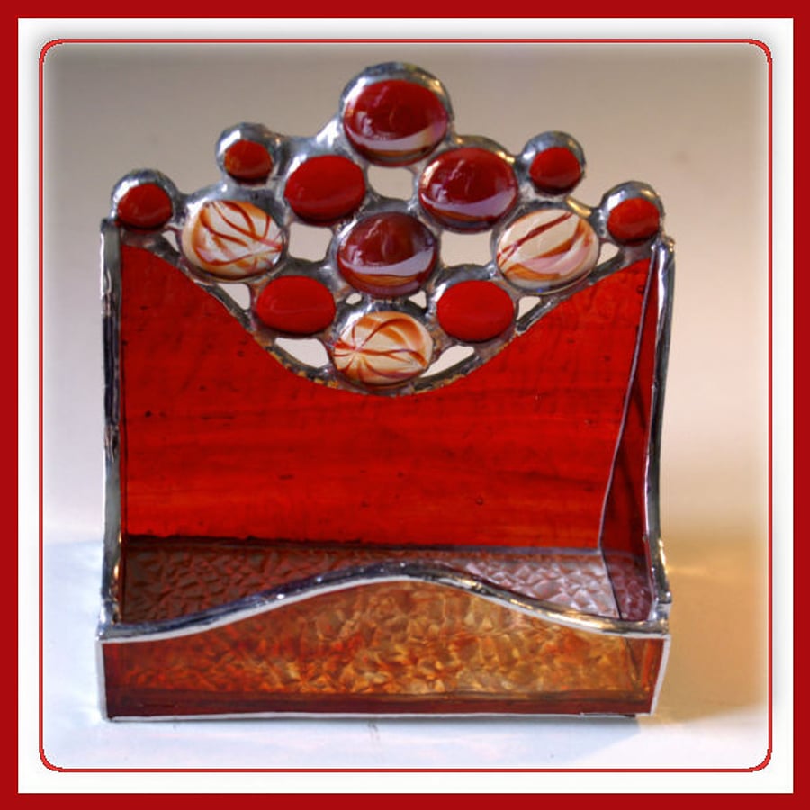 Business Card Holder Handmade Stained Glass Red with Nuggets