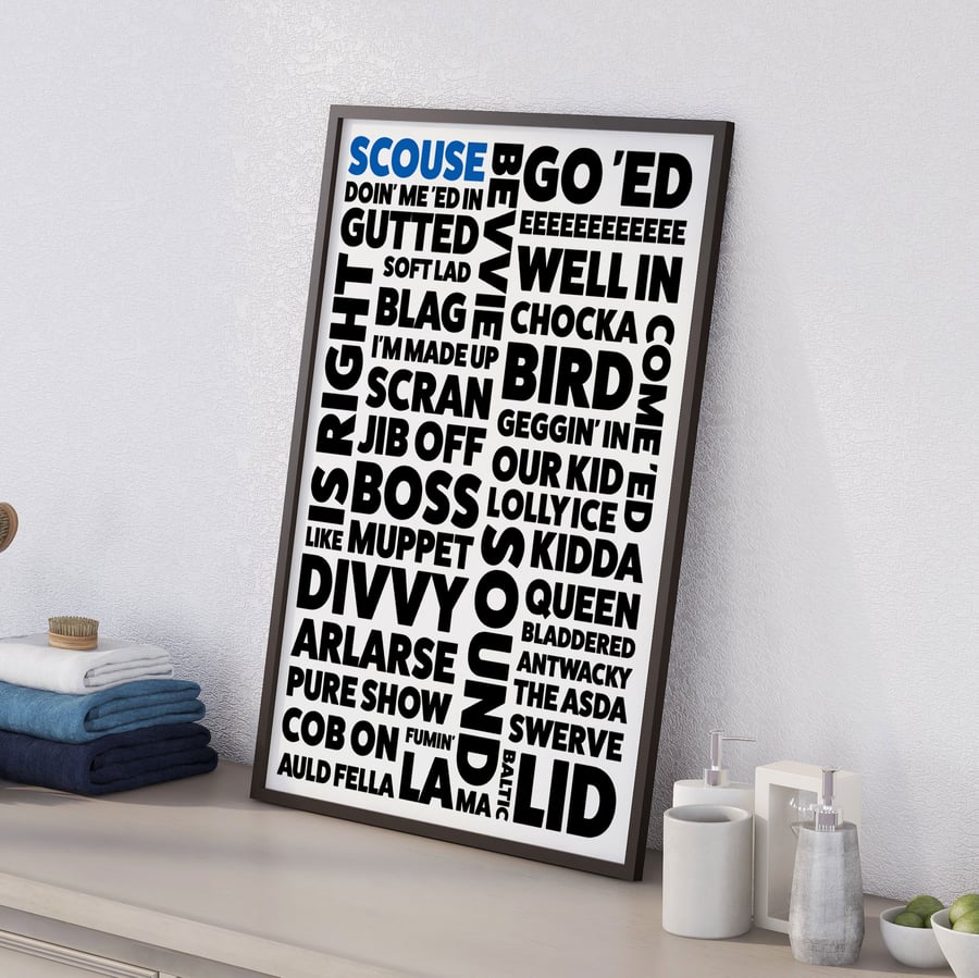 Scouse, Scouser, Liverpool, Merseyside dialect, phrases, sayings print, wall art