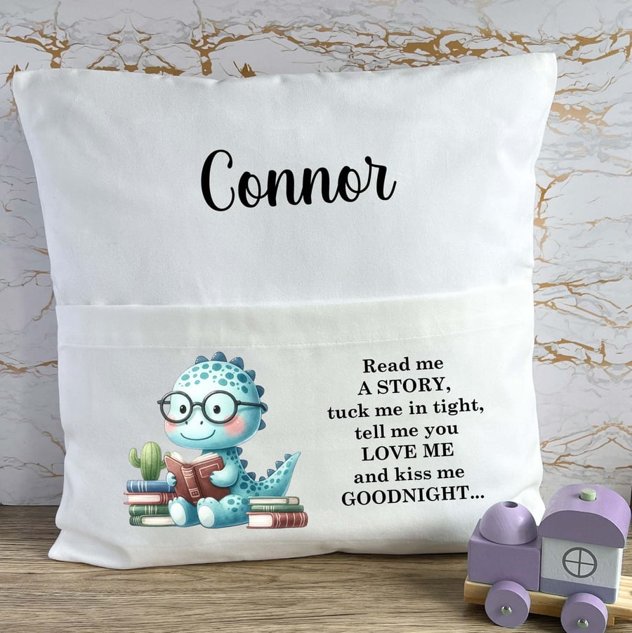 Personalised Dinosaur Book Pocket Cushion, Read Me A Story Reading Cushion