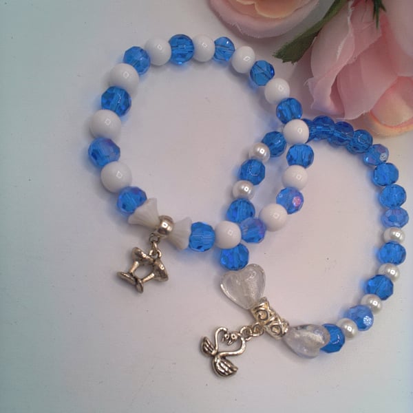 Blue and White Stretch Bracelets with  a Silver Plated Charm, Gift for Her