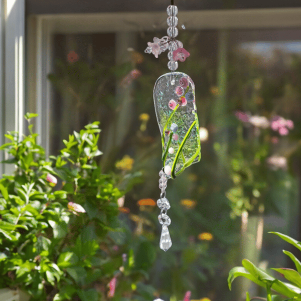 Handmade Fused Glass Suncatcher with Purple Glass Flowers and Pink Lucite Blooms