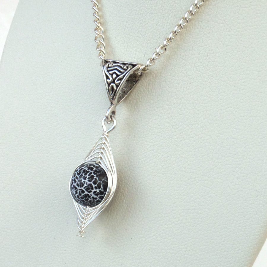 Black and white wire wrapped agate necklace