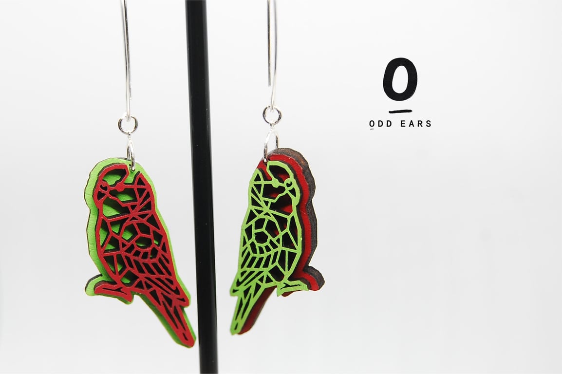 Bright Mismatched Geometric Parakeet Earrings, Wood and Sterling Silver Gift 