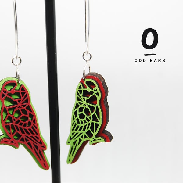 Bright Mismatched Geometric Parakeet Earrings, Wood and Sterling Silver Gift 