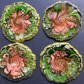 Handmade Set of 4 flower-geode Style Coasters in Gold, Green and Red