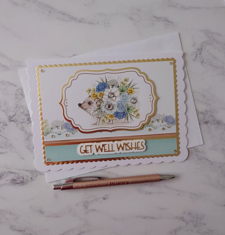 Get Well Wishes Hedgehog Flowers 3D Luxury Handmade Card