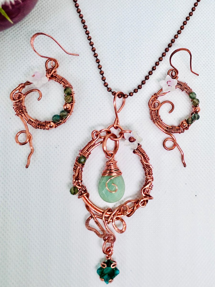 Solid Copper Statement Necklace and Earrings Set - Peridot & Amazonite Crystals