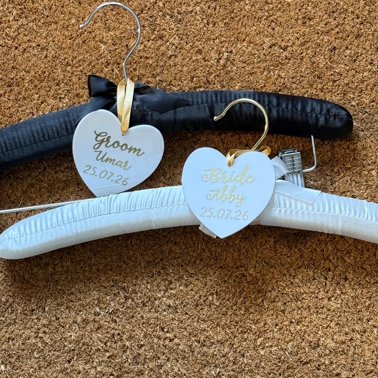 Satin Bride and Groom Padded Hangers, Personalised Hearts, Wedding Keepsake
