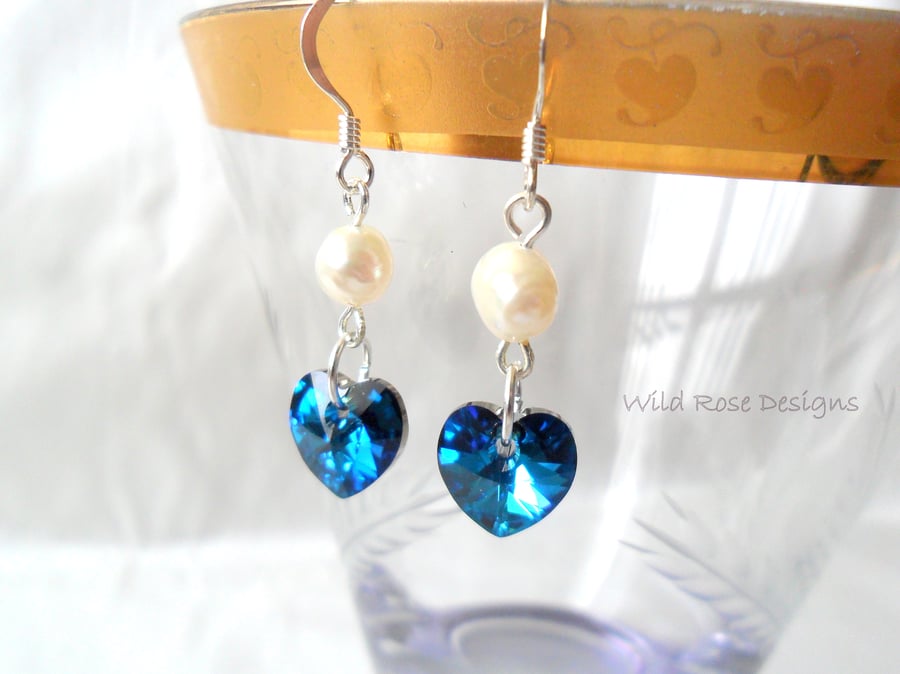 Earrings with blue Swarovski crystals and freshwater pearls - Sale item!