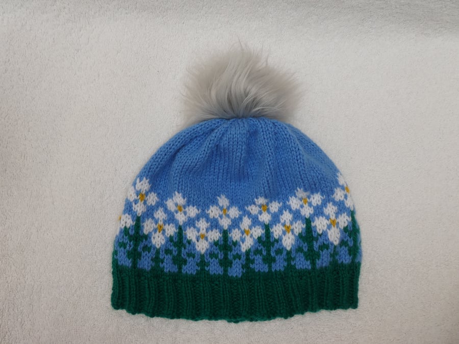 Flowers Bobble Hat with Faux Fur Pompom. Spring Flowers Hat. Dark green Brim.