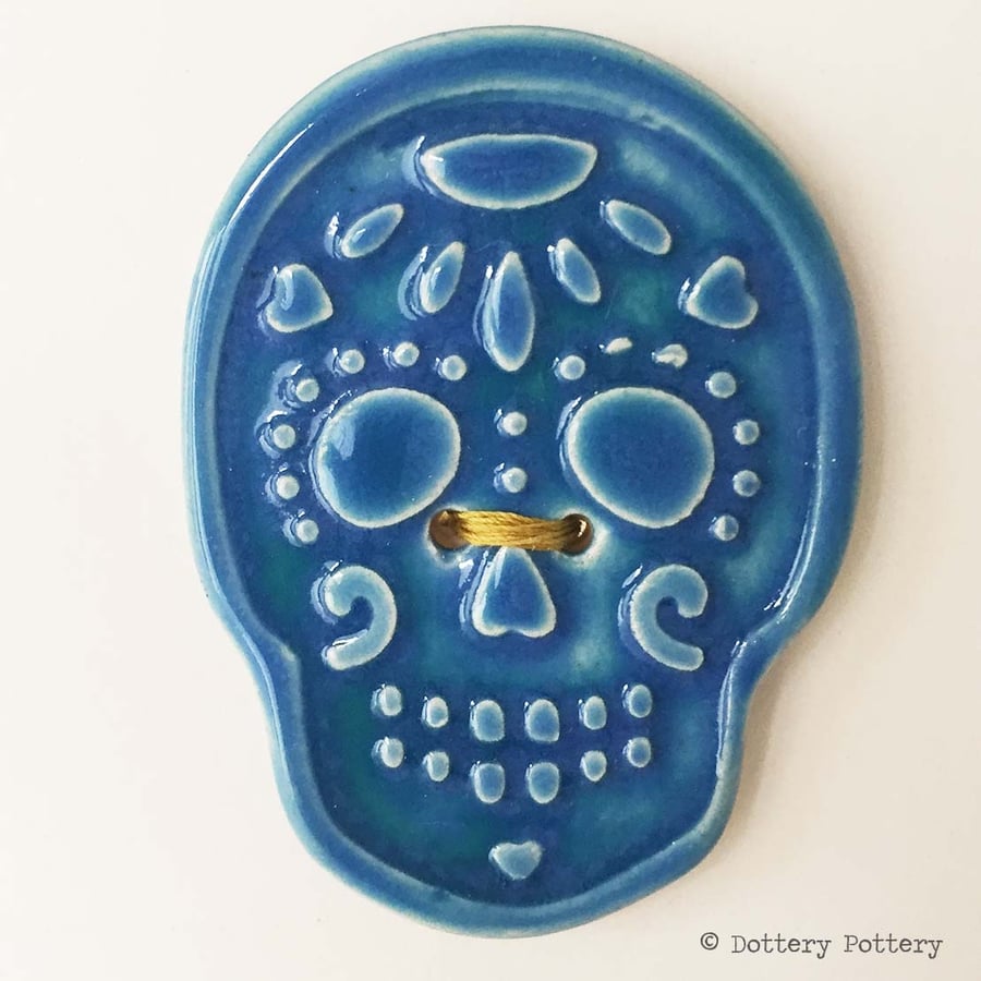 Ceramic skull button blue button pottery skull gothic day of the dead