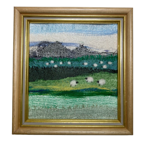 Sheep grazing, mountain landscape, needle felted textile art