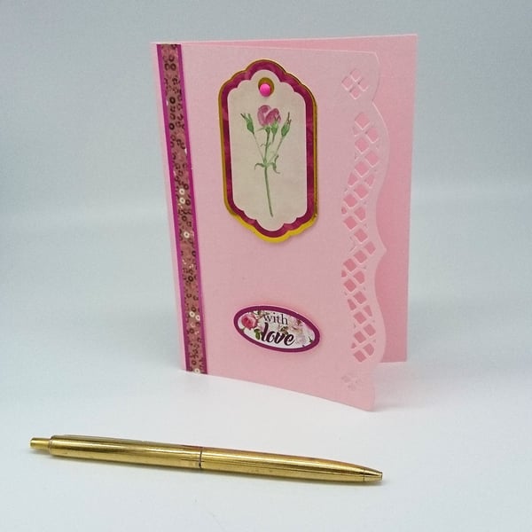 "With Love" Handmade Card with Small Detachable Bookmark Gift FREE P&P UK