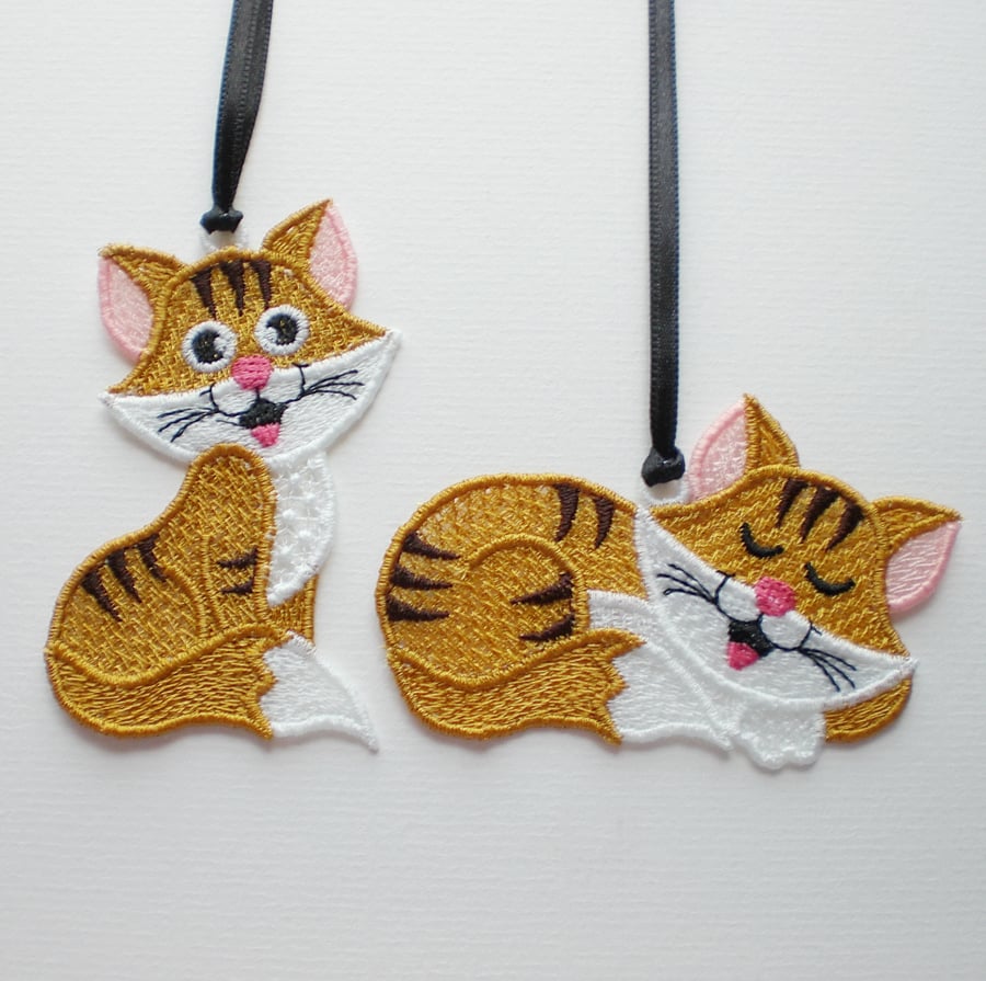 Cat decorations, pair,  Embroidered Lace. Reduced