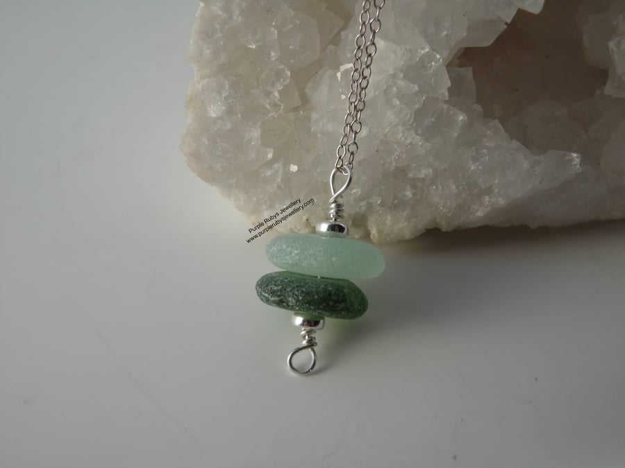 Cornish Sea Glass Stack Necklace Seafoam & Olive, Sterling Silver N582