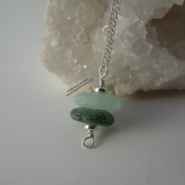 Cornish Sea Glass Stack Necklace Seafoam & Olive, Sterling Silver N582