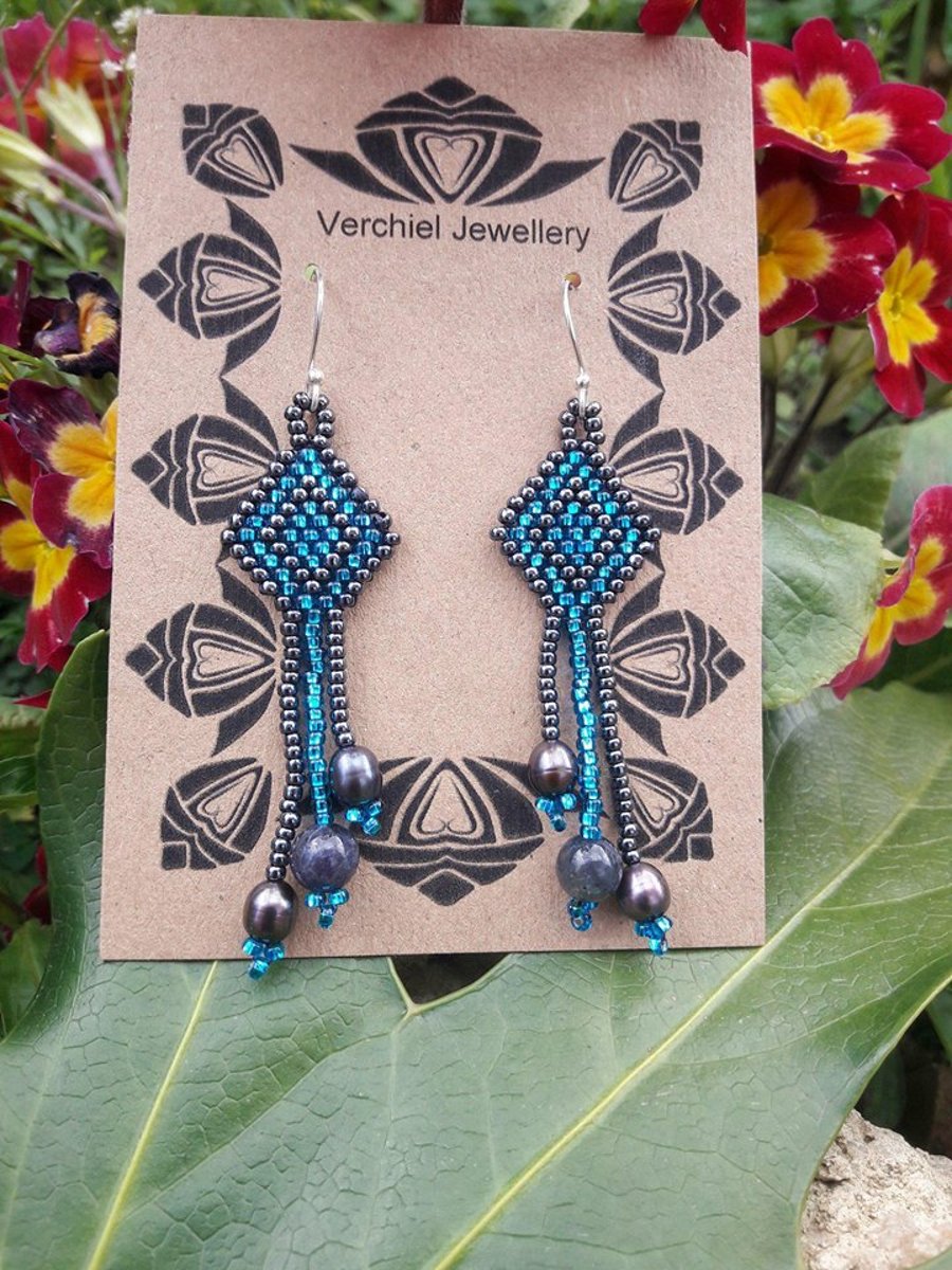 Blue Beadwork Earrings with Freshwater Pearls and Labradorite - Sterling Silver
