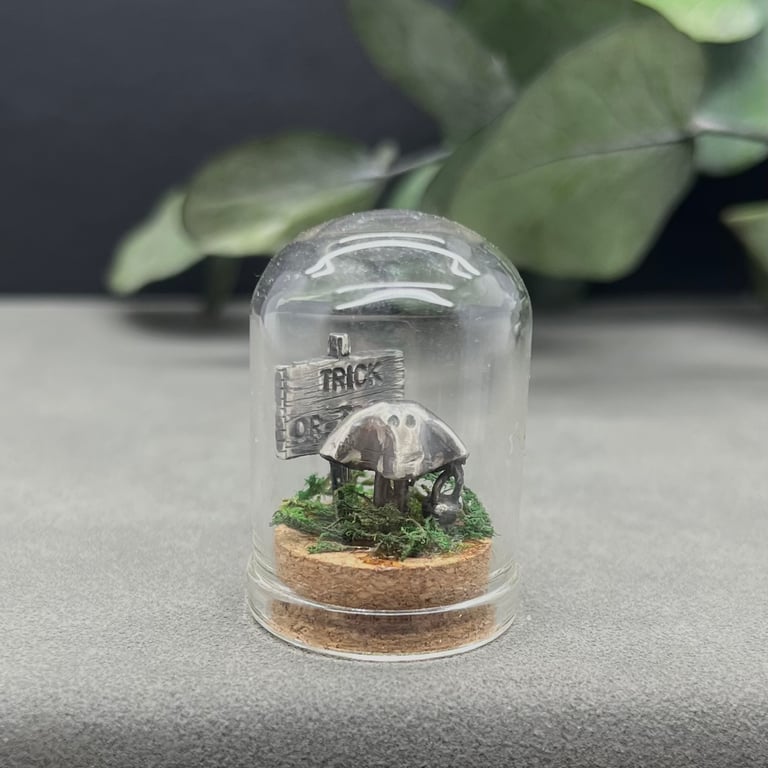 Miniature Trick Or Treat Ghost Scene Bell Jar Cloche 