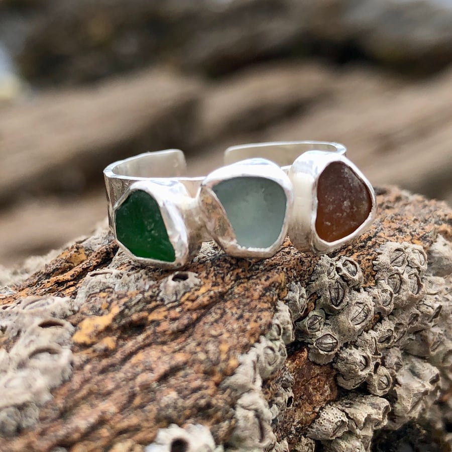 'Trio of Sea'  Sea Glass and Sterling Silver Ring - 1169