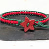 Christmas green leather and red Czech glass bead bracelet with star button