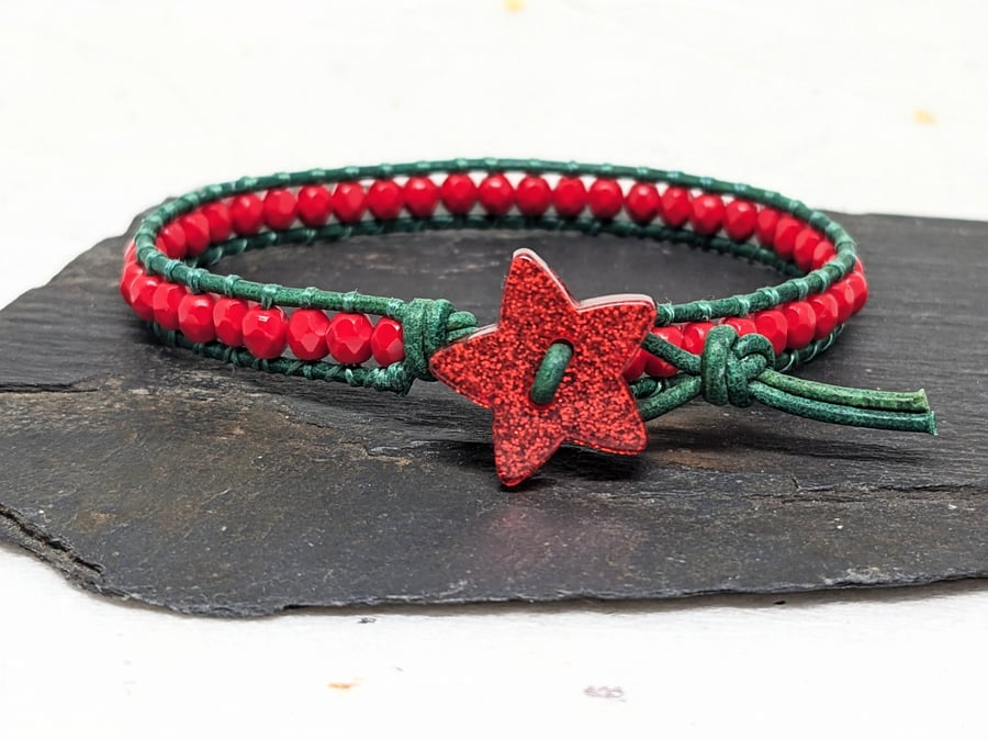Christmas green leather and red Czech glass bead bracelet with star button