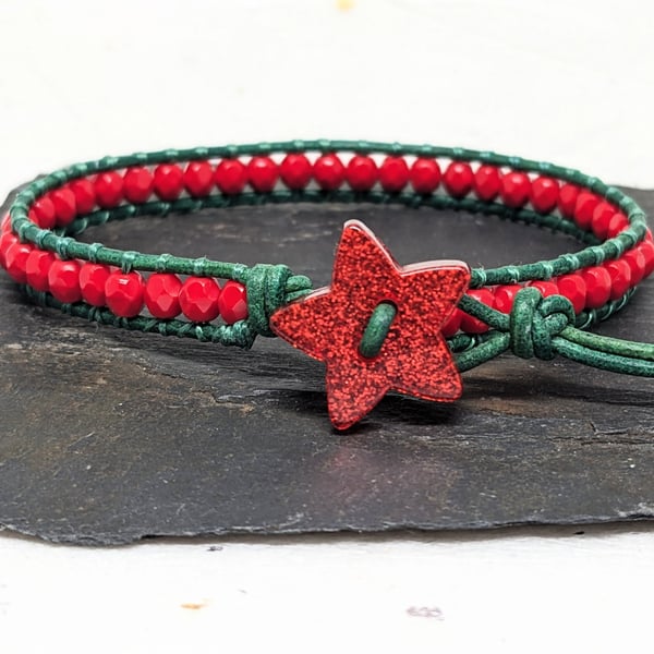 Christmas green leather and red Czech glass bead bracelet with star button