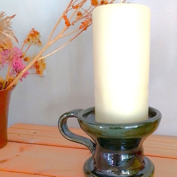 Green Ceramic tall church or pillar candleholder  with handle