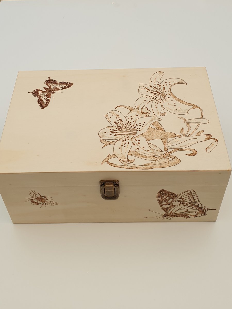 Wooden keepsake memory  box with pyrography lillies, butterflies and bees design