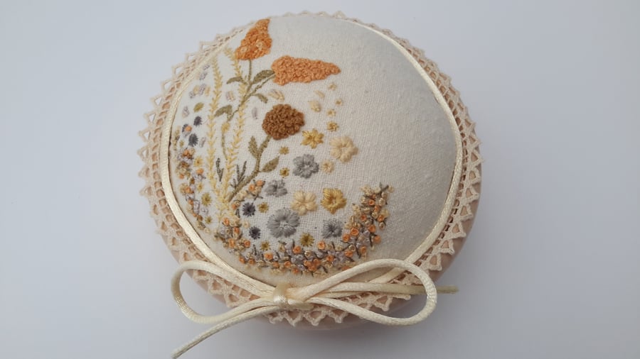 Beautiful Hand Embroidered Pincushion, Hand Sewn Pin Cushion in Wooden Bowl