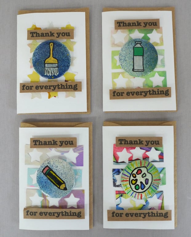 4 x Badges, Art Badges, Badge Cards, Thank You Cards, Keepsake Cards, Art Cards