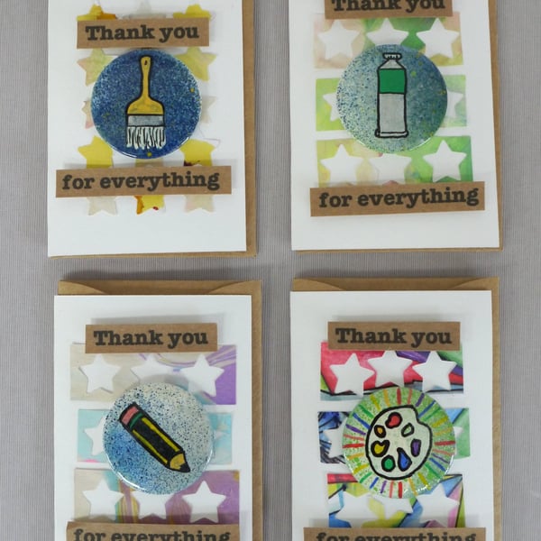 4 x Badges, Art Badges, Badge Cards, Thank You Cards, Keepsake Cards, Art Cards