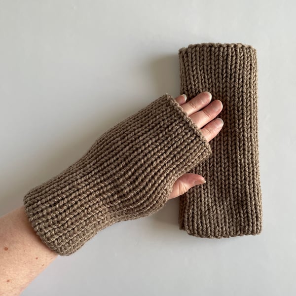 Brown Knitted Fingerless Gloves, handmade wrist warmers