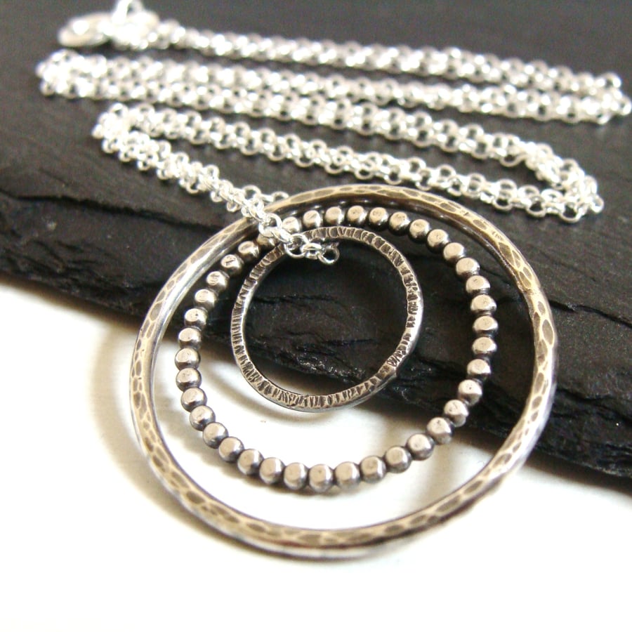 Texture Loops - Sterling Silver Circle Necklace,Hammered Silver Rings Necklace